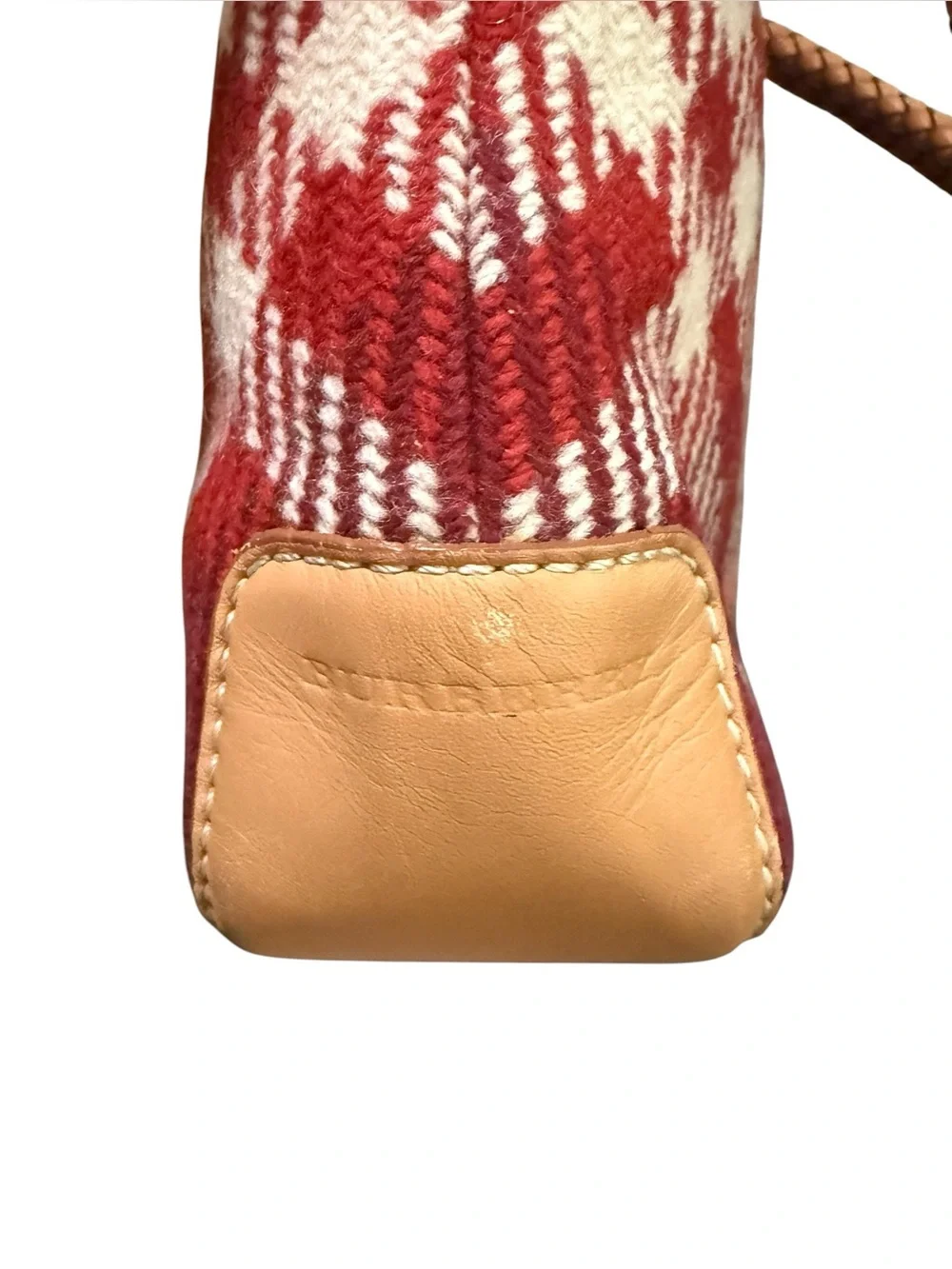 Vintage Burberry Red Plaid Wool Shoulder Bag Braided Leather Strap Nova Check - Picture 4 of 10